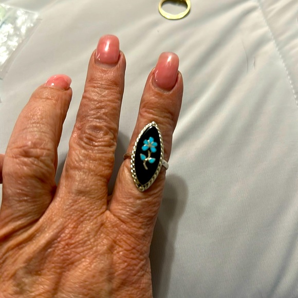 Onyx and Turquoise Zuni Tree of Life Ring by Donna Lasiloo- Native American made - Picture 3 of 7